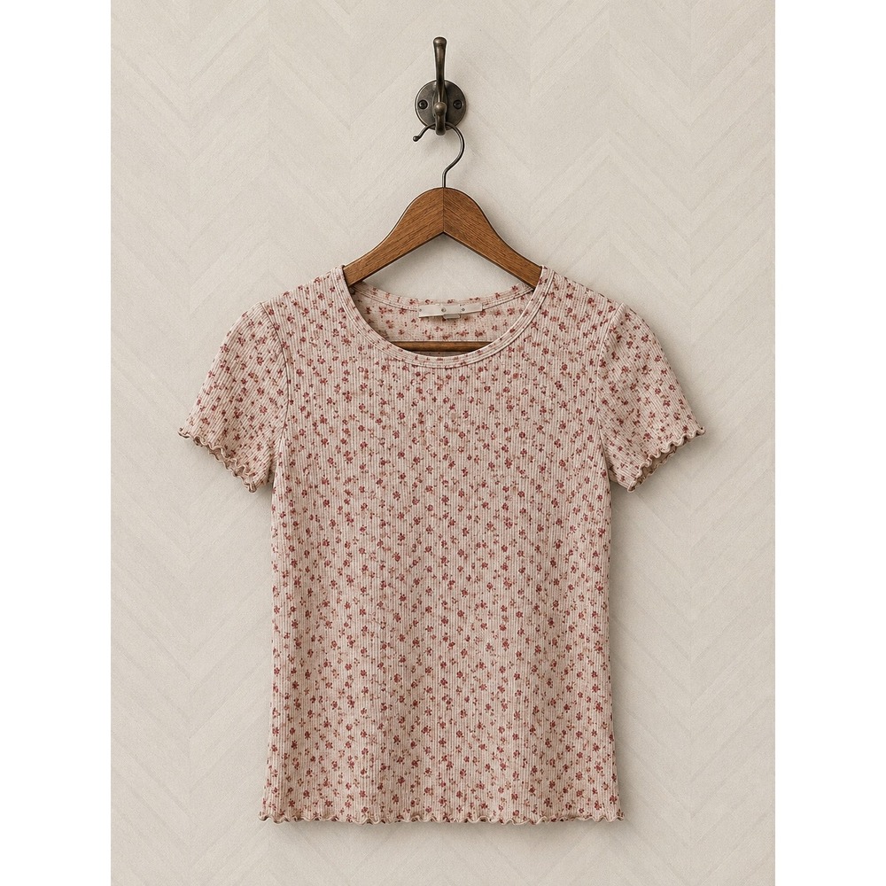GAZE Pink Floral Ribbed Baby Tee Short Sleeve Lettuce Trim Crop Top Small
